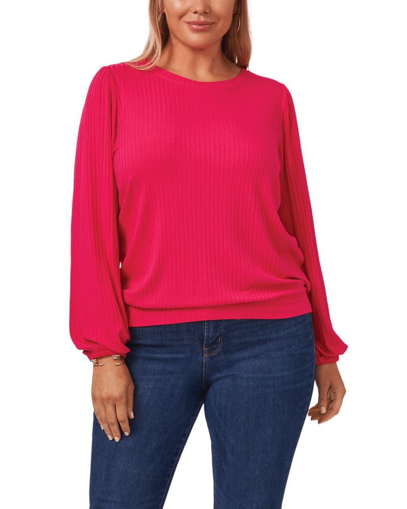 Front of a model wearing a size 0X Christina Bubble Long Sleeve Top in ROSEBLOSSOM by 1.State. | dia_product_style_image_id:262375